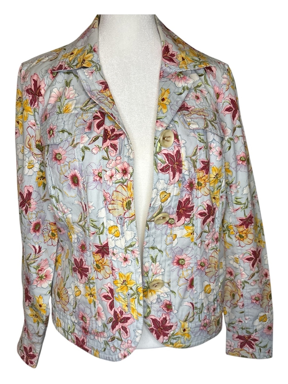 Coldwater Creek Floral Jean Jacket in Light Blue w/Pink & Yellow Size 8